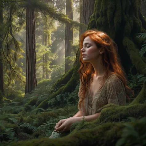 an exquisite portrait depicting a beautiful redheaded woman kneeling peacefully in a lush hidden glade surrounded by towering an...