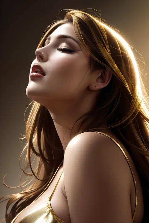 lucy pinder , face portrait, profile, looking up, mouth wide open, eyes closed, ((Gold lipstick))