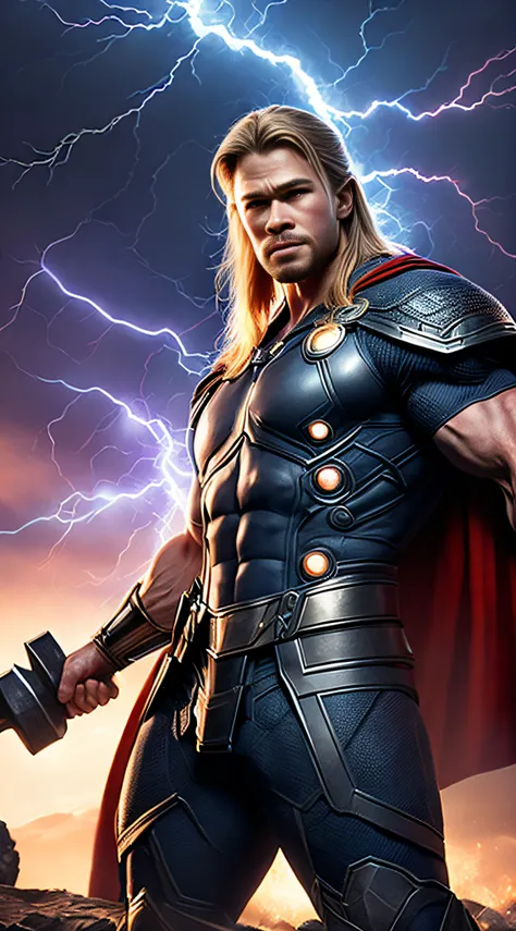 thor, avengers, wounds, angry, hyper realistic, high details, detailed shadows, big hammer, mjollnir, asgard background, lightning on the hammer, hammer in the hand, big muscle, 4k, chris hemsworth