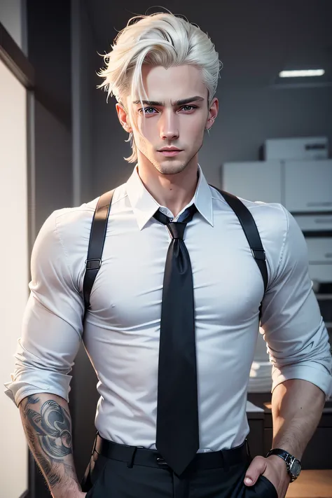 male twenty-five years of age platinum blond hair steely blue eyes is fit and in shape wears suits dark blue or black sharp jaw full lips handsome has a serious look on his face European decent has a ear piercing in one ear a tattoo that goes up from his e...