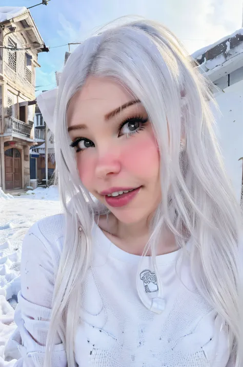 belle delphine con ropa invernal, en una calle cubierta de nieve, piel blanca, ojos azules, cabello largo y negro, hermosa sonrisa, ojos grandes, una calle de fondo cubierta de nieve