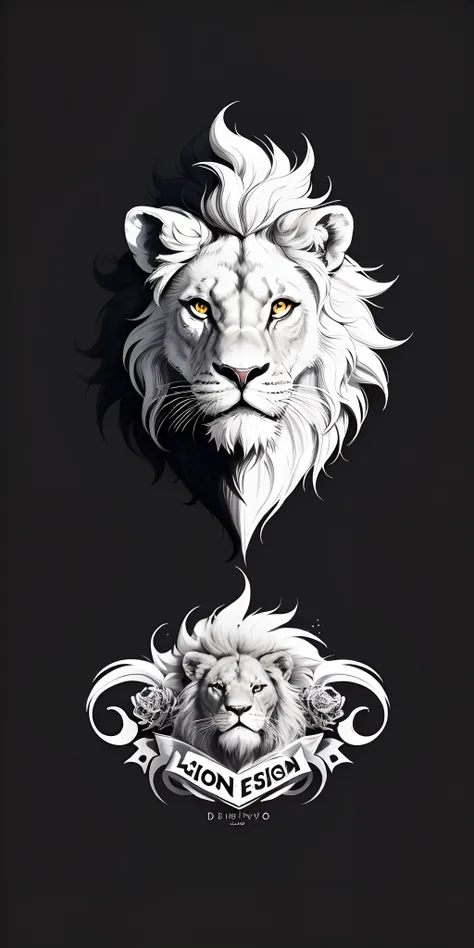 A black and white photo of a lion with a crown, lion head, lions, half lion, third lion head, design de tatuagem, with the mane of a lion, 2 d full body lion, the mane of a lion, cabelo longo branco detalhado, Animais bonitos detalhados, 8k arte detalhada ...