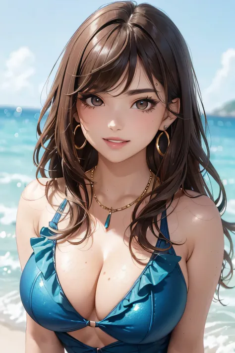 (A photo of the upper body), Beatiful face, Highly detailed face and skin texture, (Detailed eyes), Brown eyes, Double eyelids, Fine eyebrows, Glitter eyeliner: 1.2, Natural cheeks, Glowing skin, Fair skin, ((Ruffled swimsuit (no cleavage)), Shiny necklace...