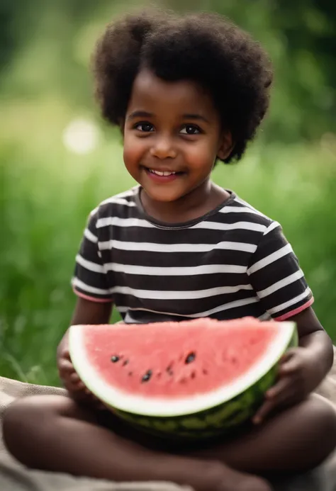 smiling black-skinned black-haired child eating watermelon