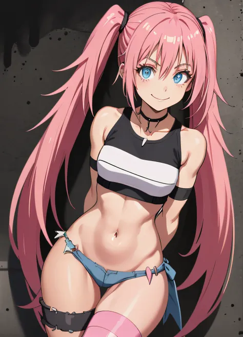 masterpiece, best quality, 1girl, solo, crop top, denim shorts, choker, (graphite: 1.5), paint splashes, arms behind back, against wall, looking at viewer, armband, body paint , head tilt, ((Smile)), long pink hair, pigtails, blue eyes, thick and muscular ...