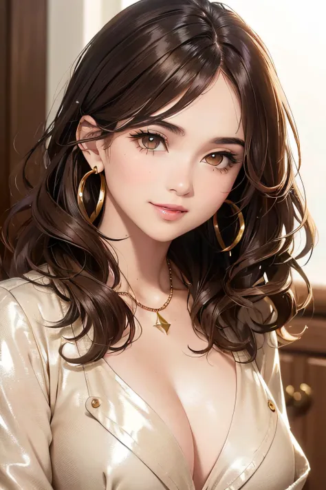 (A photo of the upper body), Beatiful face, Very detailed face and skin texture, (Detailed eyes), Brown eyes, Double eyelids, Thin eyebrows, Glitter eyeliner: 1.2, Natural cheeks, Glowing skin, Fair skin, ((with a jacket and blouse(no cleavage)), Shiny nec...