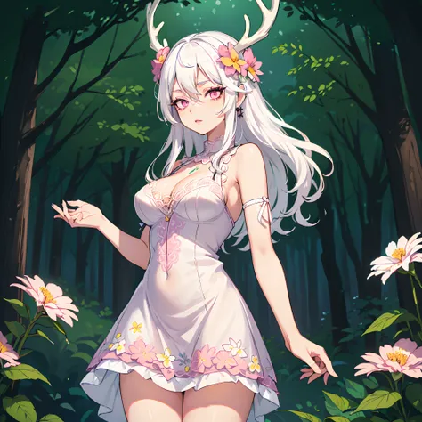 Skinny, Midriff, upskirt, Tight dress, Lingerie, Skimpy outfit, Slutty, Sexy, (((masterpiece, best quality))), (((thicker lines))), (((Sharp focus))), ((bokeh)), 1girl, (((white hair))), (((deer antlers, covered in flowers))), flower earrings, (((light pin...