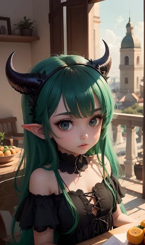 Garoto com asas de morcego, lugar escuro, olhos vermelhos/laranja, Cute demon, cabelo verde/preto, torre de sombras, olhos vermelhos