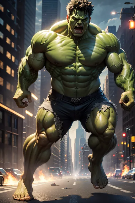 hulk, ripped clothes, avengers, wounds, angry, hyper realistic, high details, detailed shadows, new york destroyed, new york background, big muscle, 4k, mark ruffalo, green skin, without shoes, running people, panic, screaming, jumping, night, flames, expl...