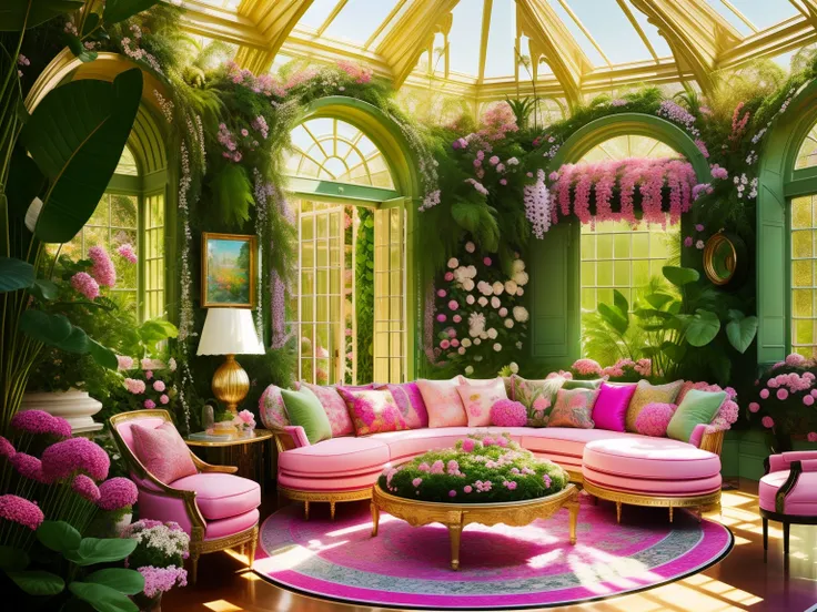 Architectural digest photo of a maximalist green solar living room with lots of flowers and plants, golden light, hyperrealistic surrealism, award winning masterpiece with incredible details, epic stunning pink surrounding and round corners, big windows, a...