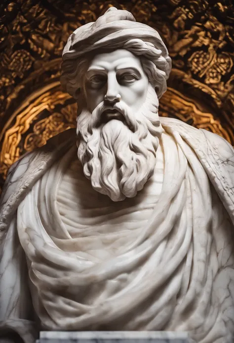 Bust of the wise man in white marble statue，In the style of a bearded Greek philosopher in a museum. dark ambiance, High contrast between light and shadow, professional photoshooting, Utrelia Lista, Light volume, cinematic ligh