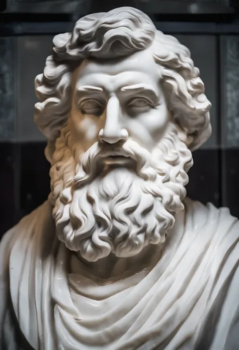 Bust of the wise man in white marble statue，In the style of a bearded Greek philosopher in a museum. dark ambiance, High contrast between light and shadow, professional photoshooting, Utrelia Lista, Light volume, cinematic ligh