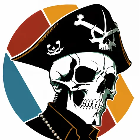 pirate skull, Sticker, Mean, Primary Color, mural art style, Contour, Vector, White Background, Detailed