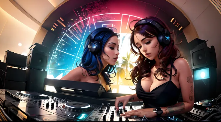 uma mulher linda dj, cabelo liso muito comprido , com fones de ouvido, perfect fingers , prisma, 2 d cg | luzes neom |, Art not Guweiz style, 3840x2160, 3840 x 2160, Estilo anime 4K, papel de parede!, Fanart de alta qualidade