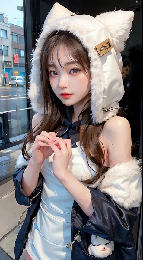 The girl in the hoodie is、Seeking warmth on cold days。She wears a hoodie hood on her head.、I try to wrap around the body。That hoodie is in pale tones.、Enables comfortable movement while protecting the body。Hair flutters in the wind、Blue eyes shine as if se...