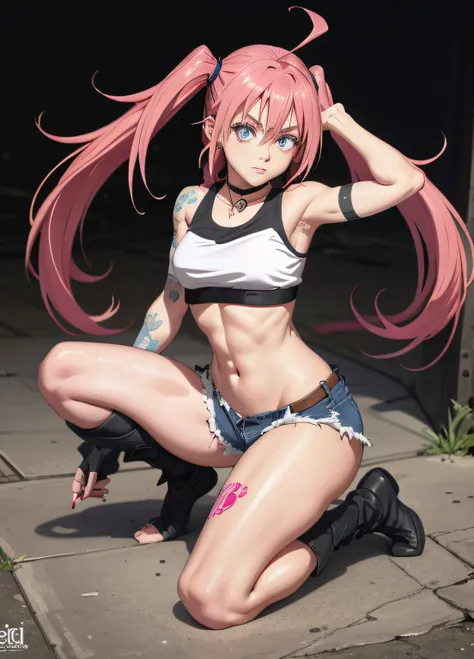masterpiece, best quality, 1girl, solo, crop top, denim shorts, choker, (graphite: 1.5), paint splashes, (boxer pose), in the city, looking at viewer, armband, painting on the body, tilt of the head, serious, long pink hair, pigtails, blue eyes, thick and ...