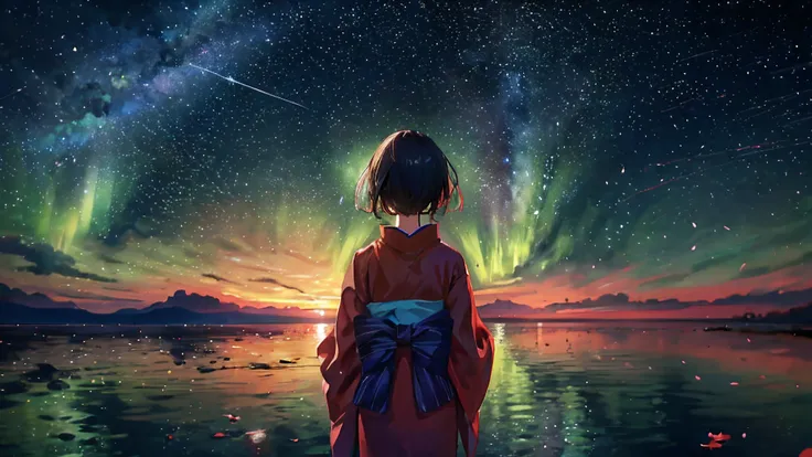 1girl, a distant girl kiss girl in a kimono gazing at the stars, (zoomed: 1.1), (meteor shower: 1.2), (comet: 1.1), your name, low angle, from behind, Northern Lights, meteors, yukata, red kimono, cherry blossoms, standing in the field, best quality, maste...