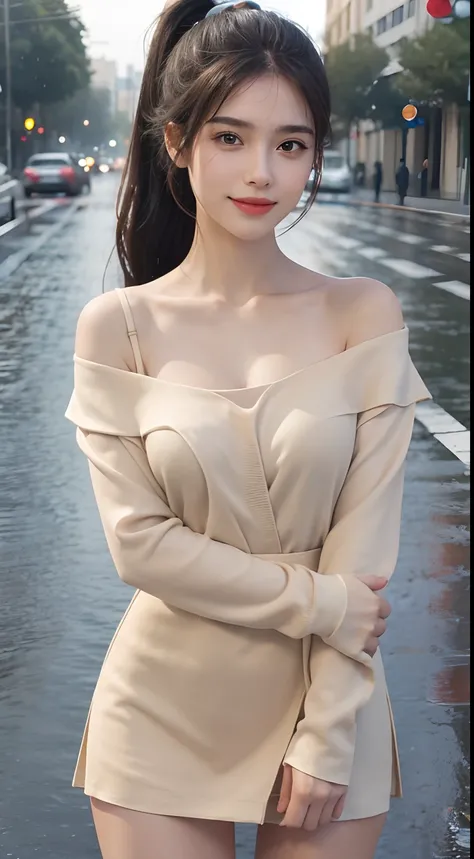 ((Best Quality, 8k, Masterpiece:1.3)), Focus: 1.2, Perfect Body Beauty: 1.4, Buttocks: 1.2, ((High Ponytail, Collarbone: 1.2)), (Short Skirt: 1.1) , (Rain, Street:1.3), Highly detailed face and skin texture, Fine eyes, Double eyelids, Whitened skin, Long h...