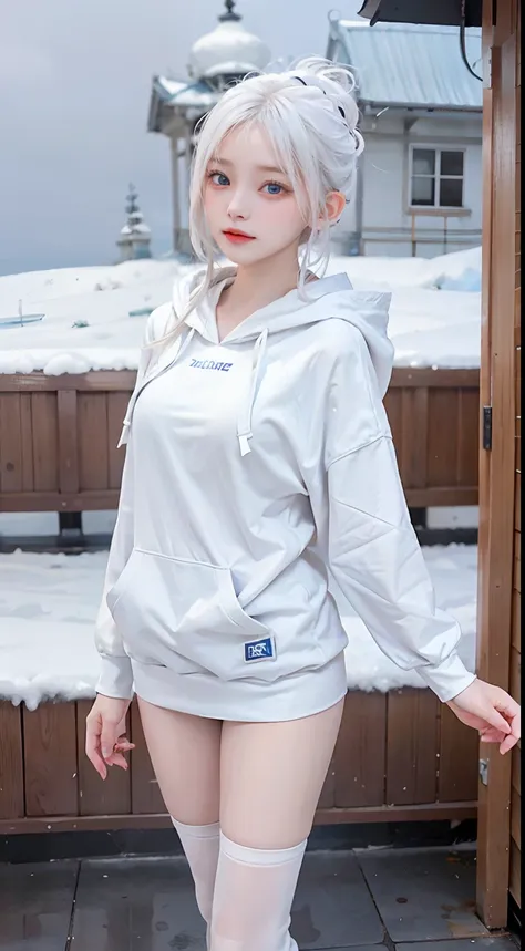 A girl with white hair and blue eyes、Standing on a cold day wearing a hoodie。Her white hair swayed in the wind、Blue eyes gaze kindly at the surrounding scenery。Hoodies in pale tones、Warmly enveloping her body、Hood protects her head。Her presence is in harmo...