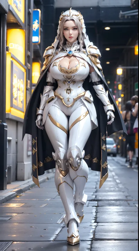 1GIRL, SOLO, (DARK HAIR, HAIR ORNAMENT:1), (HUGE FAKE BOOBS:1.3), (white, gold, FUTURISTIC DRAGON MECHA ARMOR SUIT, ROYAL CAPE, CLEAVAGE:1.5), (SKINTIGHT YOGA PANTS, HIGH HEELS:1.2), (GLAMOROUS BODY, SEXY LONG LEGS, FULL BODY:1.3), (FROM FRONT, LOOKING AT ...