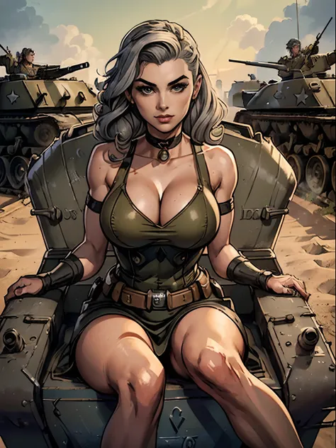 (masterpiece, top quality, best quality, official art, beautiful and aesthetic:1.2), (1girl:1.3), (gray hair victory curls), vintage 1940s American hairstyle, extremely detailed, portrait, looking at viewer, solo, (full body:0.6), detailed background, clos...