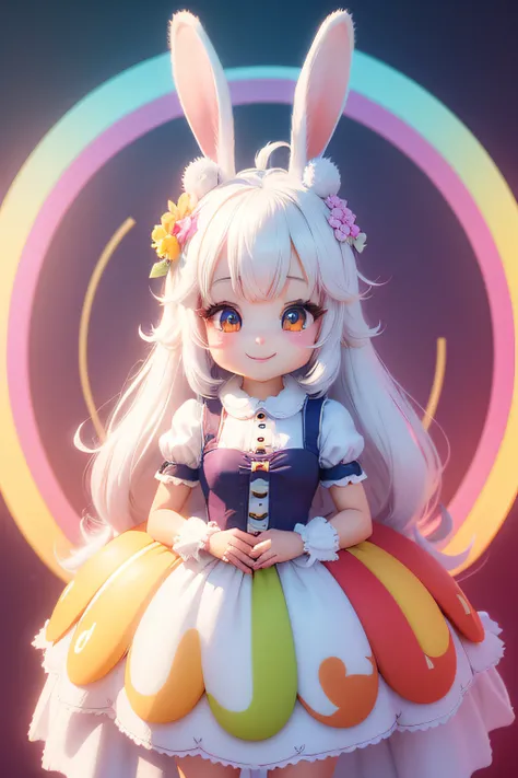 Cute rabbit character、colourfull、White hairs、a smile、3D、4k.high-level image quality、hiquality、Rainbow background