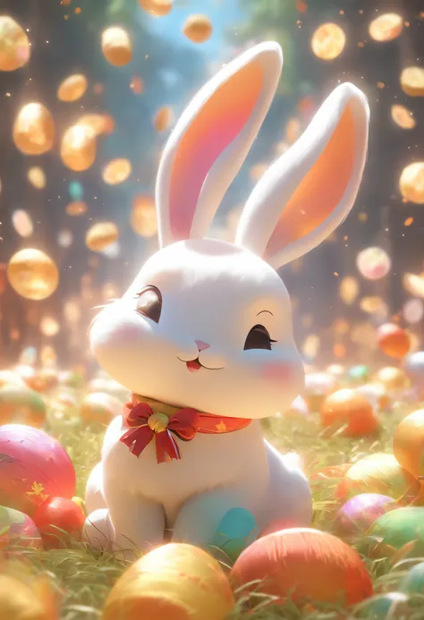 Very cute rabbit, Mid-Autumn Festival atmosphere, Silk, (Smooth texture), White body, Sitting on the ground, Looking Up, 。.3D, C4D,  Best Quality, Super Detail, High quality, 4K - 3:4 - Rainbow 5