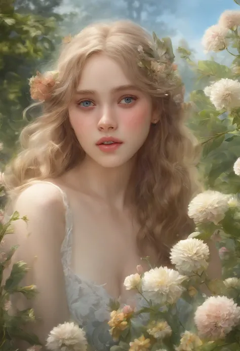 a girl in a garden,medium:oil painting,detailed flowers and plants,soft sunlight filtering through the trees,vibrant colors,beautiful detailed eyes,beautiful detailed lips,soft breeze blowing her hair,intense gaze,playful expression,flowing dress,delicate ...