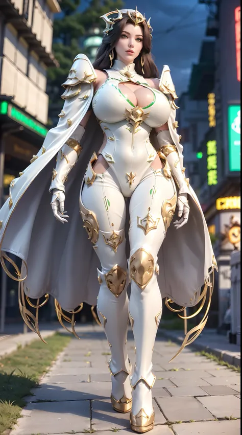 1GIRL, SOLO, (DARK HAIR, HAIR ORNAMENT), (HUGE FAKE BOOBS:1.3), (white, green, gold, FUTURISTIC DRAGON MECHA ARMOR SUIT, ROYAL CAPE, CLEAVAGE:1.5), (SKINTIGHT YOGA PANTS, HIGH HEELS:1.2), (NSFW GLAMOROUS BODY, SEXY LONG LEGS, FULL BODY:1.3), (FROM FRONT, L...