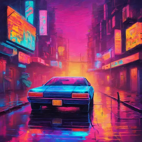 a rainy neon cyberpunk alley, rough texture impasto brushstrokes painting