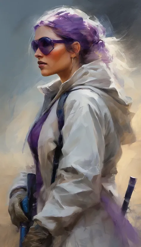 Masterpiece, Best picture quality, Extreme vividness, Anime girl with curly ponytail, petite figure, white functional coat, small, blue-purple gradient ski goggles, cyberpunk, gray hair, natural casual style, dynamic stance, golden section, portrait with l...