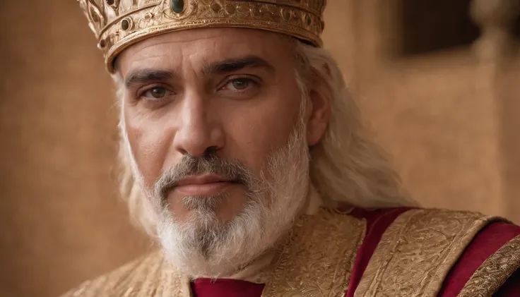 Prompt: Create a cinematic and highly realistic portrait of King Solomon. Capture his wise and regal demeanor with a focus on intricate facial details. Ensure the image exudes a sense of historical authenticity and grandeur.