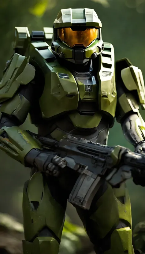 (A high resolution,Ultra-detailed,Realistic:1.37),(Best quality,4K,8K,Masterpiece:1.2),hdr,professional,Stunning,Vivid colors,Bokeh,Sharp focus,Physically-based rendering,Portrait of a Master Chief 117 game "Halo" Armed with an energy rifle, Stand on an un...