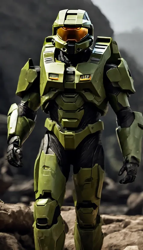 (A high resolution,Ultra-detailed,Realistic:1.37),(Best quality,4K,8K,Masterpiece:1.2),hdr,professional,Stunning,Vivid colors,Bokeh,Sharp focus,Physically-based rendering,Portrait of a Master Chief 117 game "Halo" Armed with an energy rifle, Stand on an un...