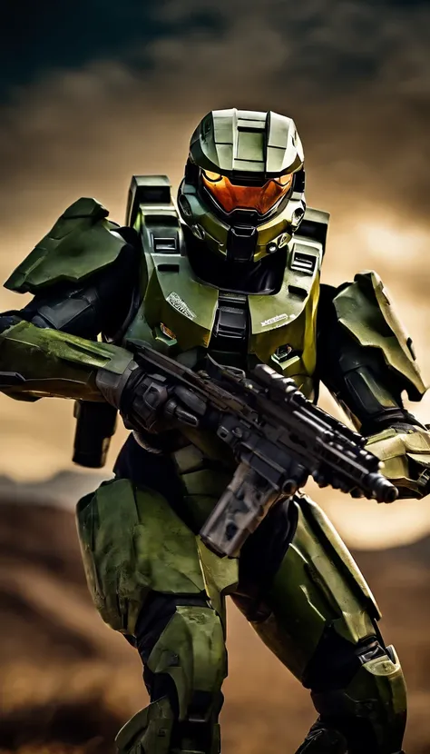 (A high resolution,Ultra-detailed,Realistic:1.37),(Best quality,4K,8K,Masterpiece:1.2),hdr,professional,Stunning,Vivid colors,Bokeh,Sharp focus,Physically-based rendering,Portrait of a Master Chief 117 game "Halo" Armed with an energy rifle, Stand on an un...