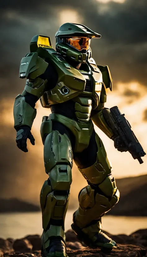 (A high resolution,Ultra-detailed,Realistic:1.37),(Best quality,4K,8K,Masterpiece:1.2),hdr,professional,Stunning,Vivid colors,Bokeh,Sharp focus,Physically-based rendering,Portrait of a Master Chief 117 game "Halo" Armed with an energy rifle, Stand on an un...