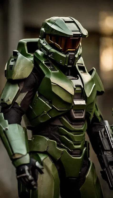 (A high resolution,Ultra-detailed,Realistic:1.37),(Best quality,4K,8K,Masterpiece:1.2),hdr,professional,Stunning,Vivid colors,Bokeh,Sharp focus,Physically-based rendering,Portrait of a Master Chief 117 game "Halo" Armed with an energy rifle, Stand on an un...