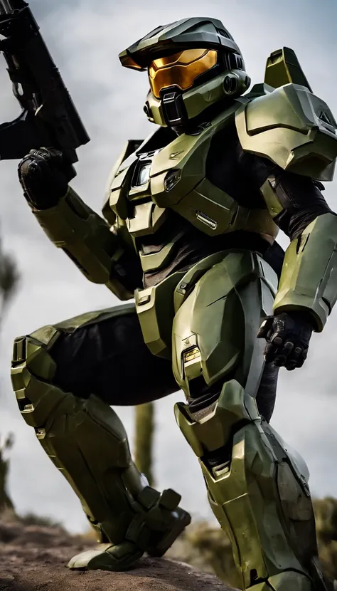 (A high resolution,Ultra-detailed,Realistic:1.37),(Best quality,4K,8K,Masterpiece:1.2),hdr,professional,Stunning,Vivid colors,Bokeh,Sharp focus,Physically-based rendering,Portrait of a Master Chief 117 game "Halo" Armed with an energy rifle, Stand on an un...