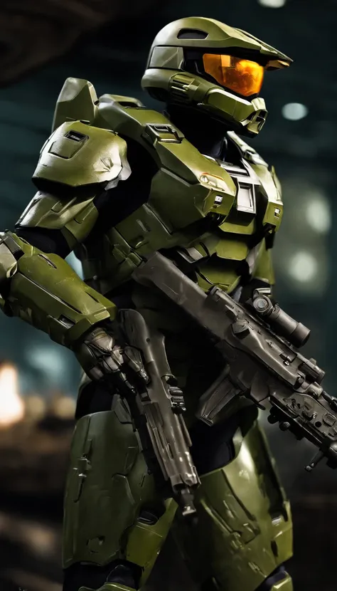 (A high resolution,Ultra-detailed,Realistic:1.37),(Best quality,4K,8K,Masterpiece:1.2),hdr,professional,Stunning,Vivid colors,Bokeh,Sharp focus,Physically-based rendering,Portrait of a Master Chief 117 game "Halo" Armed with an energy rifle, Stand on an un...