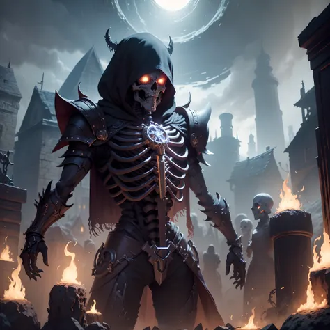 A Necromancer in a technological world and with a lot of magic with skeleton servants wearing ragnarok armor and a village for them to base themselves on,4k,black magic, Rituals