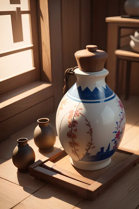 There is a ceramic bottle，About the cultural and creative products of the Zhuang people in Guangxi, China，Ceramic bottle design artwork，Modern artwork，top views，Best results，artwork of a，best qualtiy,8K,。.3D，Color decoration，top Quority，the detail，