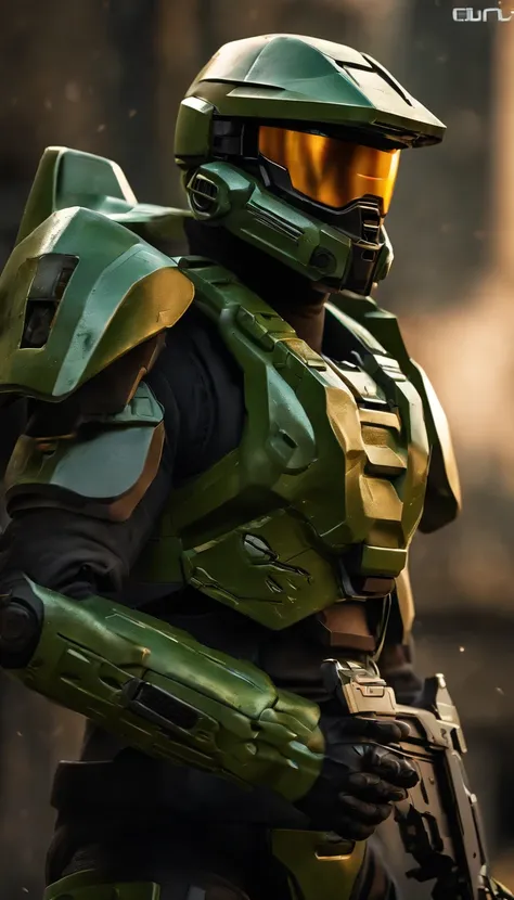 (A high resolution,Ultra-detailed,Realistic:1.37),(Best quality,4K,8K,Masterpiece:1.2),hdr,professional,Stunning,Vivid colors,Bokeh,Sharp focus,Physically-based rendering,Portrait of a Master Chief 117 game "Halo" Armed with an energy rifle, Stand on an un...