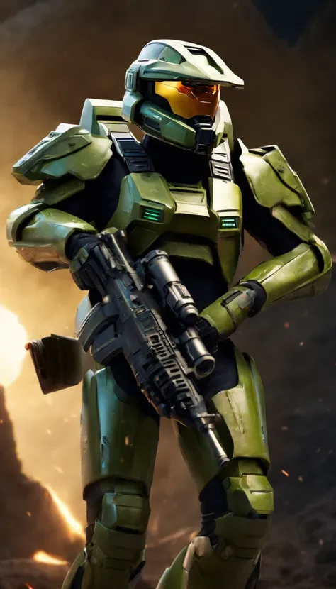 (A high resolution,Ultra-detailed,Realistic:1.37),(Best quality,4K,8K,Masterpiece:1.2),hdr,professional,Stunning,Vivid colors,Bokeh,Sharp focus,Physically-based rendering,Portrait of a Master Chief 117 game "Halo" Armed with an energy rifle, Stand on an un...