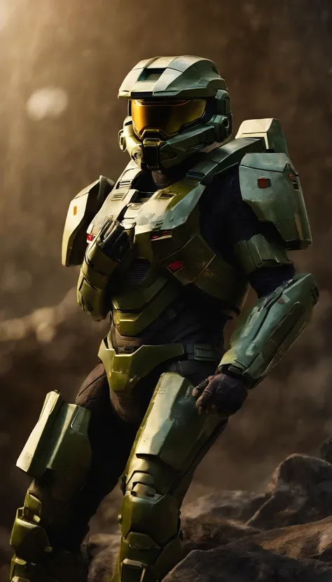 (A high resolution,Ultra-detailed,Realistic:1.37),(Best quality,4K,8K,Masterpiece:1.2),hdr,professional,Stunning,Vivid colors,Bokeh,Sharp focus,Physically-based rendering,Portrait of a Master Chief 117 game "Halo" Armed with an energy rifle, Stand on an un...