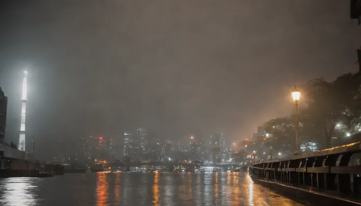 a very rainy night in tokyo, heavy rain with lightning, the focus must be on the rain levels. calm and calming night with rain, a dark night, lit by lightning and the neos of the streets, ultra wide camera, with greater image viewing angle. highlight the s...