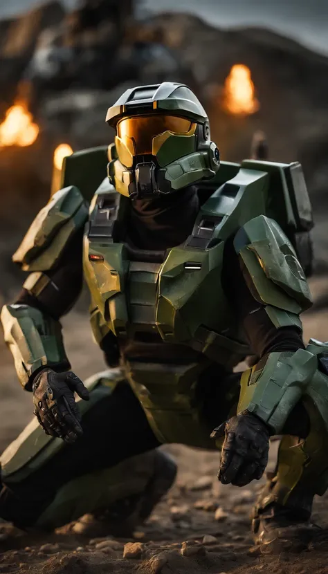 (best quality,4k,8k,highres,masterpiece:1.2),ultra-detailed,(realistic,photorealistic,photo-realistic:1.37),117 Master Chief from the game "Halo",holding a high-tech energy rifle,adorned in intricately-detailed green armor,on an unknown planet,engaged in i...