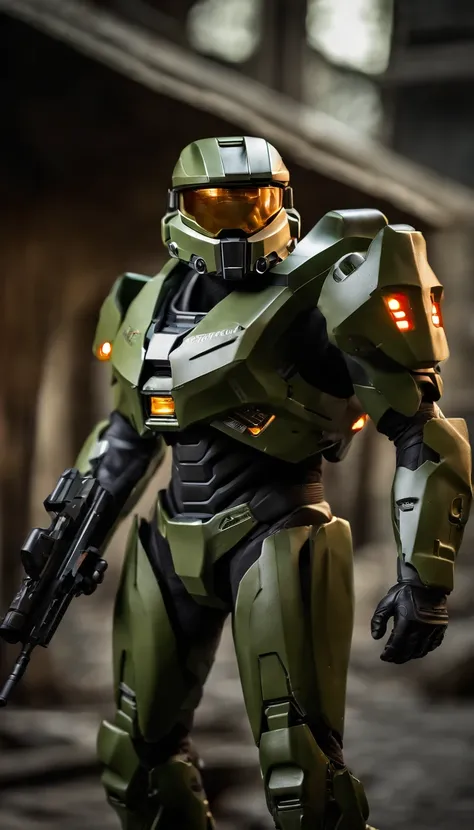 (best quality,4k,8k,highres,masterpiece:1.2),ultra-detailed,(realistic,photorealistic,photo-realistic:1.37),117 Master Chief from the game "Halo",holding a high-tech energy rifle,adorned in intricately-detailed green armor,on an unknown planet,engaged in i...