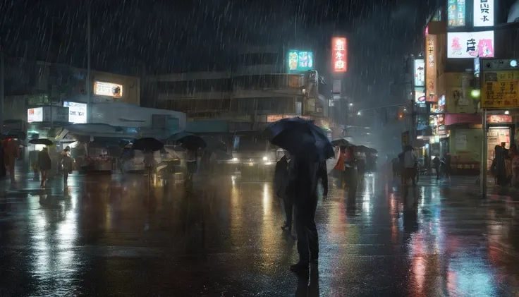 a very rainy night in Tokyo, heavy rain with lightning, the focus must be on the rain levels. Calm and calming night with a lot of rain, a dark night, lit by lightning and the neos of the streets, ultra wide camera.