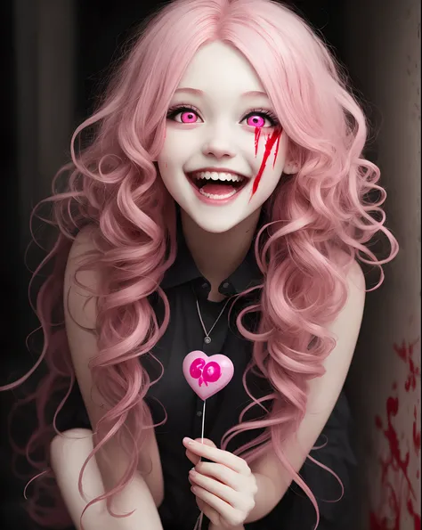 Crazy, girl, long hair, curly hair, pink hair, full body picture, pink eyes, heart shaped pupils, insane smile, blood splatter on face