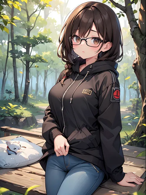 1 female、brown haired、Brown eyes、Black-rimmed glasses、seductive boobs、gorgeous faces、Perfect body。Best Quality、ultra-detailliert、8K resolution、Raw photo、masutepiece。in woods。Sleeping in a hammock。parka、denim pant。